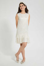 Load image into Gallery viewer, Redtag-White/Gold-Foil-Ruffled-Hem-Dress-Dresses-Senior-Girls-9 to 14 Years