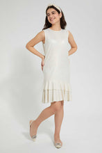 Load image into Gallery viewer, Redtag-White/Gold-Foil-Ruffled-Hem-Dress-Dresses-Senior-Girls-9 to 14 Years