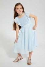 تنزيل الصورة على معرض الصور، Redtag-Blue-Sequence-Yoke-Dress-Dresses-Girls-2 to 8 Years