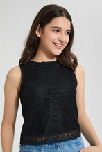 تنزيل الصورة على معرض الصور، Redtag-Black-Highneck-Lace-Top-Plain-Senior-Girls-9 to 14 Years
