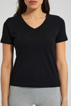 تنزيل الصورة على معرض الصور، Redtag-Black-V-Neck-T-Shirt-Plain-Women's-
