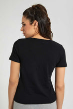 تنزيل الصورة على معرض الصور، Redtag-Black-V-Neck-T-Shirt-Plain-Women's-