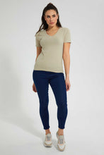 تنزيل الصورة على معرض الصور، Redtag-Olive-V-Neck-T-Shirt-Plain-Women's-