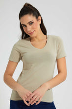 تنزيل الصورة على معرض الصور، Redtag-Olive-V-Neck-T-Shirt-Plain-Women's-