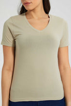 تنزيل الصورة على معرض الصور، Redtag-Olive-V-Neck-T-Shirt-Plain-Women's-