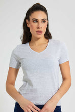 تنزيل الصورة على معرض الصور، Redtag-Grey-Marl-V-Neck-T-Shirt-Plain-Women's-