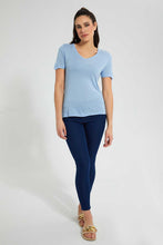 تنزيل الصورة على معرض الصور، Redtag-Blue-V-Neck-T-Shirt-Plain-Women's-