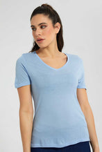 تنزيل الصورة على معرض الصور، Redtag-Blue-V-Neck-T-Shirt-Plain-Women's-
