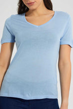 تنزيل الصورة على معرض الصور، Redtag-Blue-V-Neck-T-Shirt-Plain-Women's-