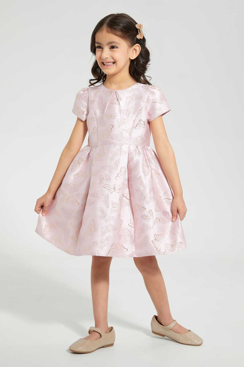 Redtag-Pink-Knee-Length-Jacquard-Dress-Dresses-Girls-2 to 8 Years
