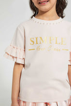 تنزيل الصورة على معرض الصور، Redtag-Peach-Embellished-T-Shirt-With-Frilled-Sleeve-Embellished-Girls-2 to 8 Years