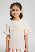 تنزيل الصورة على معرض الصور، Redtag-Peach-Embellished-T-Shirt-With-Frilled-Sleeve-Embellished-Girls-2 to 8 Years