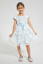 تنزيل الصورة على معرض الصور، Redtag-Blue-All-Over-Floral-Jacquard-Dress-Dresses-Girls-2 to 8 Years