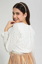 Load image into Gallery viewer, Redtag-White/Gold-Front-Tie-Glittered-Top-Blouses-Senior-Girls-9 to 14 Years