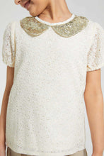 تنزيل الصورة على معرض الصور، Redtag-Beige-Sequenced-Peter-Pan-Collar-T-Shirt-Blouses-Girls-2 to 8 Years