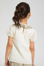 تنزيل الصورة على معرض الصور، Redtag-Beige-Sequenced-Peter-Pan-Collar-T-Shirt-Blouses-Girls-2 to 8 Years