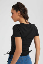 تنزيل الصورة على معرض الصور، Redtag-Black-Rib-Ruched-Side-T-Shirt-Plain-Women's-