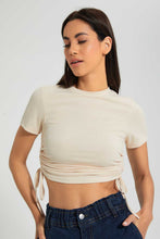 تنزيل الصورة على معرض الصور، Redtag-Beige-Rib-Ruched-Side-T-Shirt-Plain-Women's-