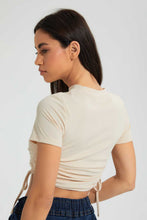 تنزيل الصورة على معرض الصور، Redtag-Beige-Rib-Ruched-Side-T-Shirt-Plain-Women's-