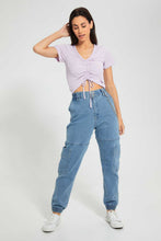 تنزيل الصورة على معرض الصور، Redtag-Lilac-Rib-Ruched-Front-T-Shirt-Plain-Women's-
