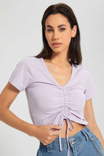 تنزيل الصورة على معرض الصور، Redtag-Lilac-Rib-Ruched-Front-T-Shirt-Plain-Women's-