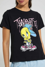 تنزيل الصورة على معرض الصور، Redtag-Black-Tweety-Print-T-Shirt-Character-Women's-