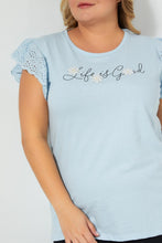 تنزيل الصورة على معرض الصور، Redtag-Blue-Lace-Sleeve-T-Shirt-With-Placement-Print-Colour:Blue,-Filter:Plus-Size,-LDP-T-Shirts,-New-In,-New-In-LDP,-Non-Sale,-S22B,-Section:Women-Women's-