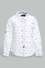 Load image into Gallery viewer, Redtag-White-Bike-Printed-Long-Sleeve-Shirt-With-Roll-Up-Casual-Shirts-Infant-Boys-3 to 24 Months