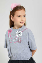 تنزيل الصورة على معرض الصور، Redtag-Grey-Melange-Casual-Jersey-Tops-With-Studs-&--Placement-Print-Graphic-Prints-Girls-2 to 8 Years