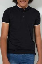 تنزيل الصورة على معرض الصور، Redtag-Black-Plain-Mandarin-Polo-Plain-Senior-Boys-9 to 14 Years