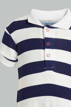 تنزيل الصورة على معرض الصور، Redtag-Navy-And-White-Stripe-2-Piece-Pack-Polo-Romper-Rompers-Baby-0 to 12 Months