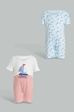 تنزيل الصورة على معرض الصور، Redtag-White-And-Blue-Boat-Print-2-Piece-Pack-Romper-Rompers-Baby-0 to 12 Months