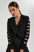 Load image into Gallery viewer, Redtag-Black-Jacket-With-Zipper-And-Details-On-Sleeves-Jackets-Women's-