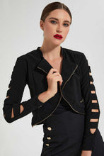 Load image into Gallery viewer, Redtag-Black-Jacket-With-Zipper-And-Details-On-Sleeves-Jackets-Women's-