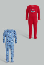 Load image into Gallery viewer, Redtag-Red-And-Blue-Whale-2-Piece-Pack-Sleep-Suit-Rompers-Baby-0 to 12 Months