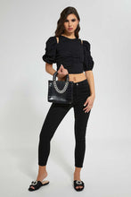 تنزيل الصورة على معرض الصور، Redtag-Black-Textured-Ruching-Cold-Shoulder-Top-Blouses-Women's-