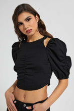 تنزيل الصورة على معرض الصور، Redtag-Black-Textured-Ruching-Cold-Shoulder-Top-Blouses-Women's-