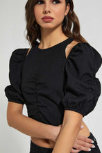 تنزيل الصورة على معرض الصور، Redtag-Black-Textured-Ruching-Cold-Shoulder-Top-Blouses-Women's-