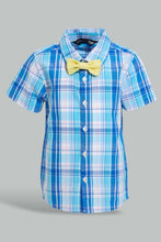 Load image into Gallery viewer, Redtag-Blue-Check-Bow-Shirt-With-White-Short-Set-Sets-Infant-Boys-3 to 24 Months