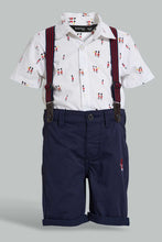 Load image into Gallery viewer, Redtag-White-Short-Slv-Shirt-With-Navy-Short-With-Suspender-Set-Sets-Infant-Boys-3 to 24 Months