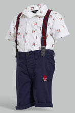 Load image into Gallery viewer, Redtag-White-Short-Slv-Shirt-With-Navy-Short-With-Suspender-Set-Sets-Infant-Boys-3 to 24 Months