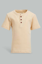 تنزيل الصورة على معرض الصور، Redtag-Beige-Short-Sleeve-Henley-Jacquard-Tshirt-Henley-T-Shirts-Infant-Boys-3 to 24 Months