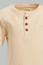 تنزيل الصورة على معرض الصور، Redtag-Beige-Short-Sleeve-Henley-Jacquard-Tshirt-Henley-T-Shirts-Infant-Boys-3 to 24 Months