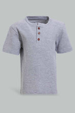 تنزيل الصورة على معرض الصور، Redtag-Grey-Melange-Short-Sleeve-Henley-Jacuard-Tshirt-Henley-T-Shirts-Infant-Boys-3 to 24 Months