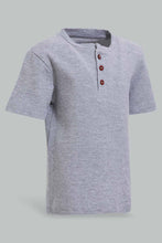 تنزيل الصورة على معرض الصور، Redtag-Grey-Melange-Short-Sleeve-Henley-Jacuard-Tshirt-Henley-T-Shirts-Infant-Boys-3 to 24 Months