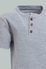 تنزيل الصورة على معرض الصور، Redtag-Grey-Melange-Short-Sleeve-Henley-Jacuard-Tshirt-Henley-T-Shirts-Infant-Boys-3 to 24 Months
