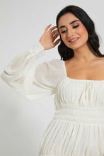 تنزيل الصورة على معرض الصور، Redtag-Beige-Smocking-Square-Neck-Dress-Dresses-Women's-