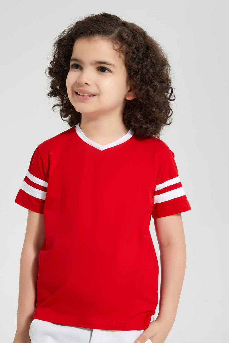 Redtag-2Pk-Red-And-Blue-V-Neck-T-Shirt-V-Neck-T-Shirts-Boys-2 to 8 Years