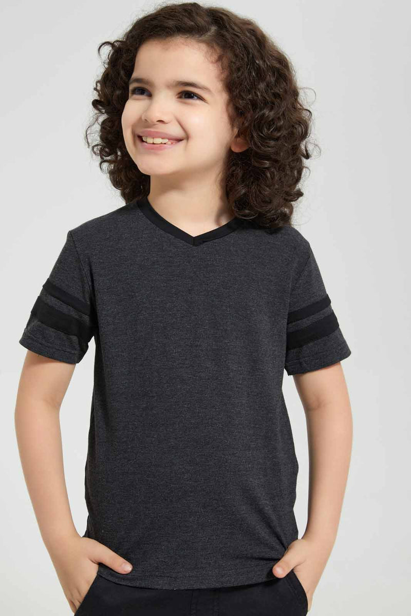 Redtag-2Pk-Grey-And-Yellow-V-Neck-T-Shirt-V-Neck-T-Shirts-Boys-2 to 8 Years