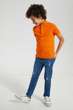 Load image into Gallery viewer, Redtag-Orange-Square-Print-Collar-Stand-Polo-Polo-Shirts-Boys-2 to 8 Years